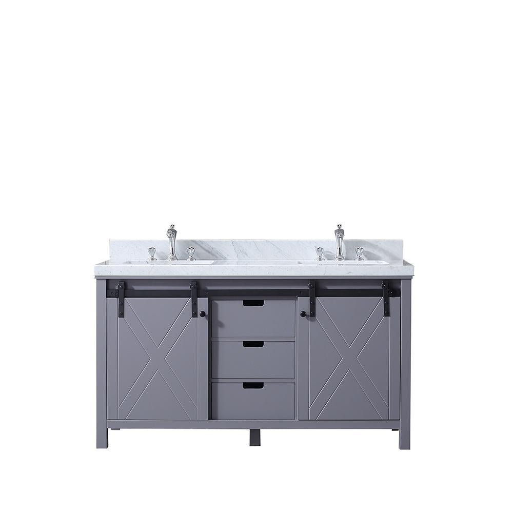 60" Dark Grey Double Vanity, White Carrara Marble Top, Square Sinks, no Mirror