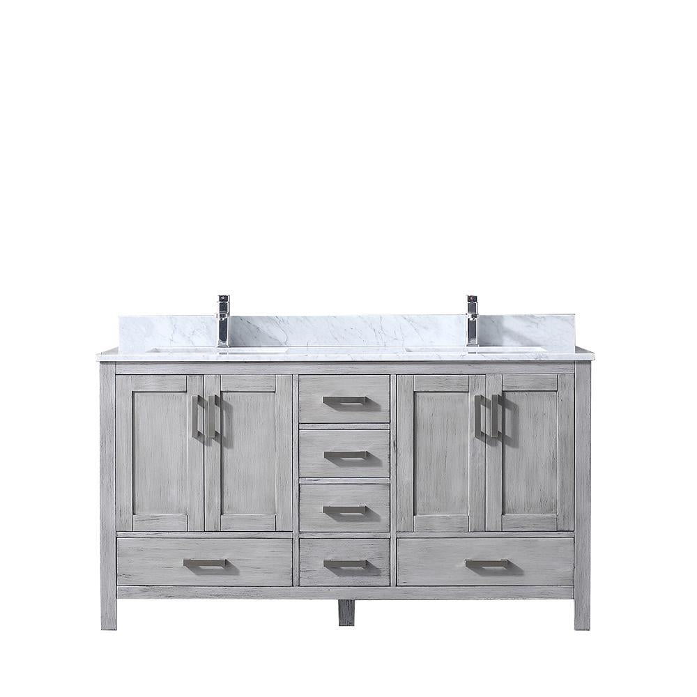 60" Grey Double Vanity, White Carrara Marble Top, Square Sinks, no Mirror