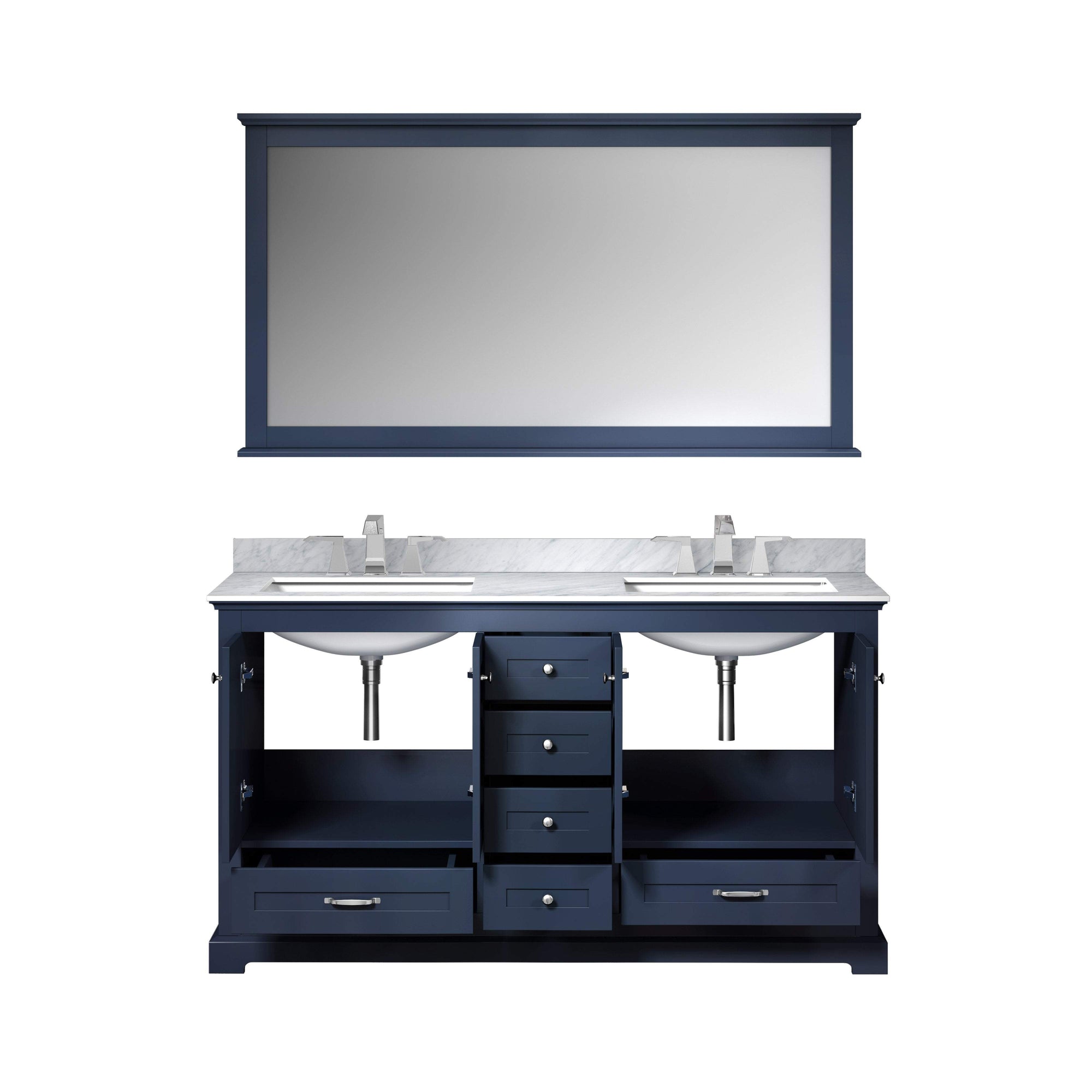60" Navy Blue Double Vanity, White Carrara Marble Top, White Square Sinks and 58" Mirror w/ Faucets