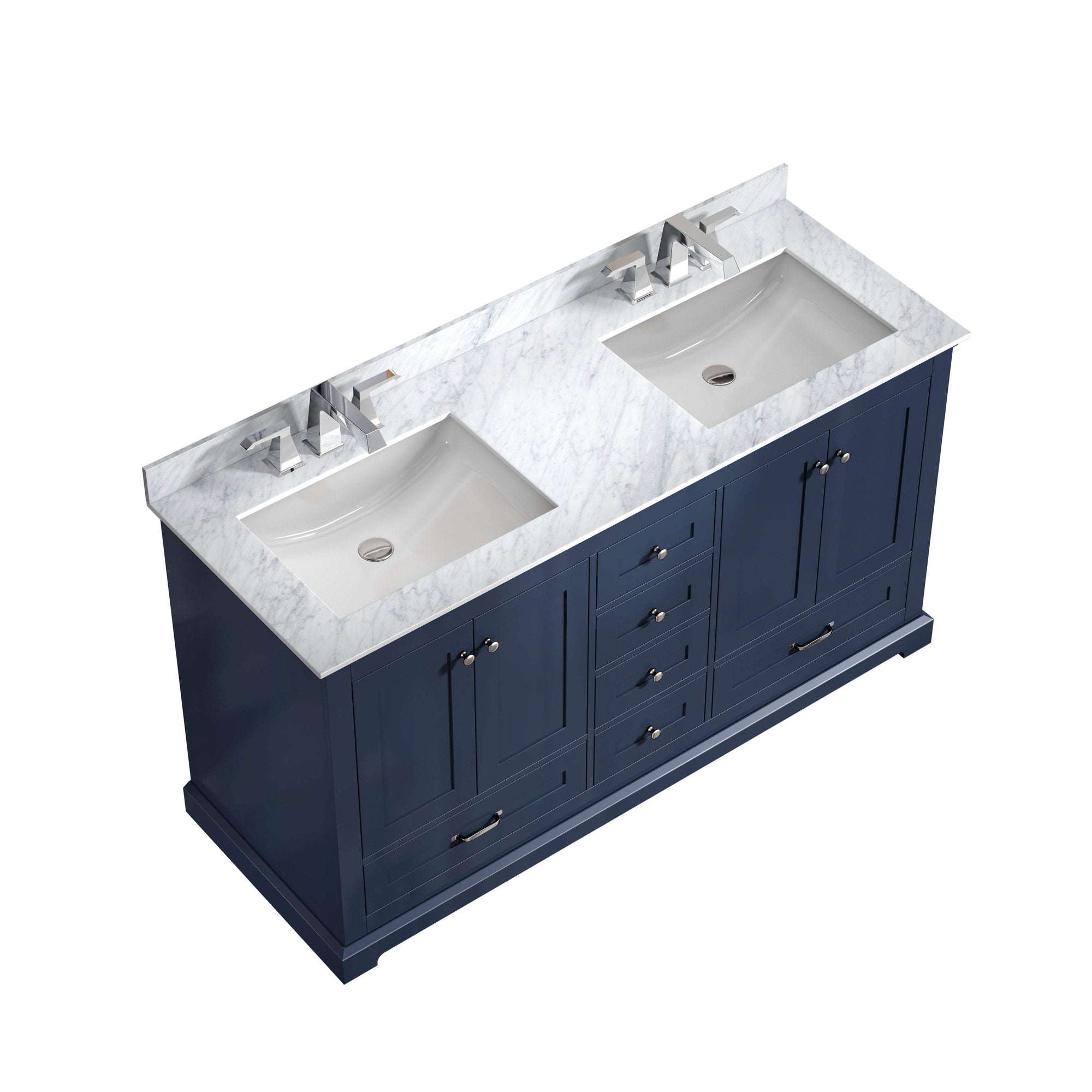 60" Navy Blue Double Vanity, White Carrara Marble Top, White Square Sinks and no Mirror