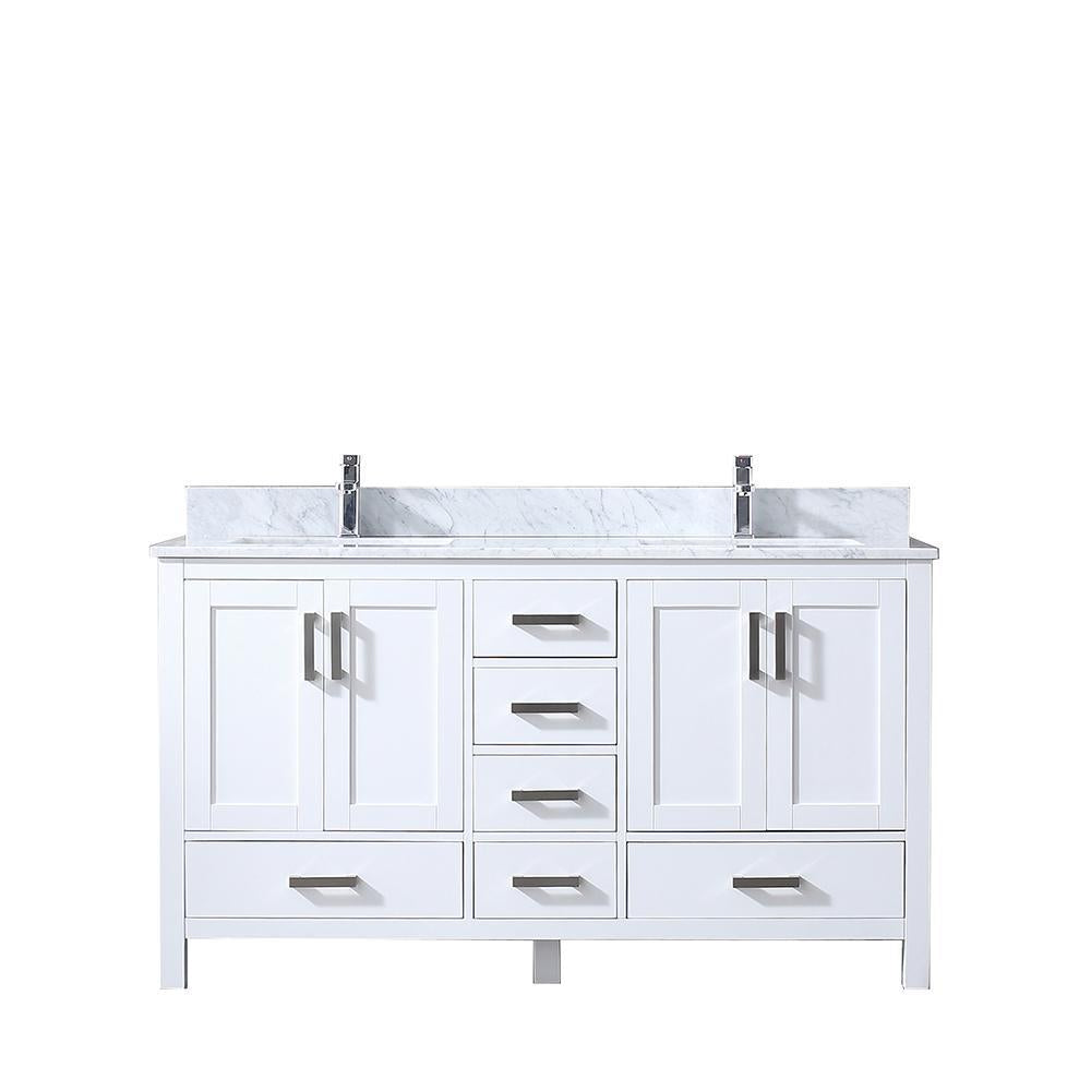 60" White Double Vanity, White Carrara Marble Top, Square Sinks, no Mirror