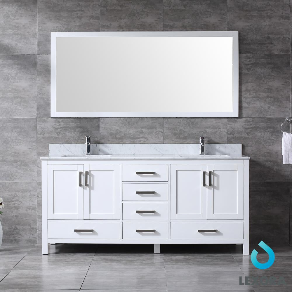 72" White Double Vanity, White Carrara Marble Top, Square Sinks, 70" Mirror