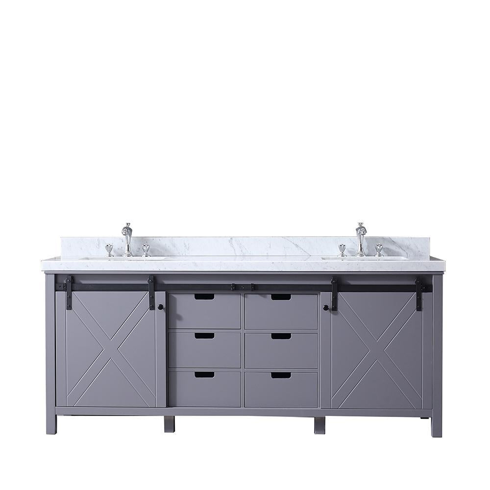 80" Dark Grey Double Vanity, White Carrara Marble Top, Square Sinks, no Mirror