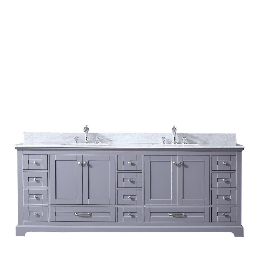 84" Dark Grey Double Vanity, White Carrara Marble Top, Square Sinks, no Mirror