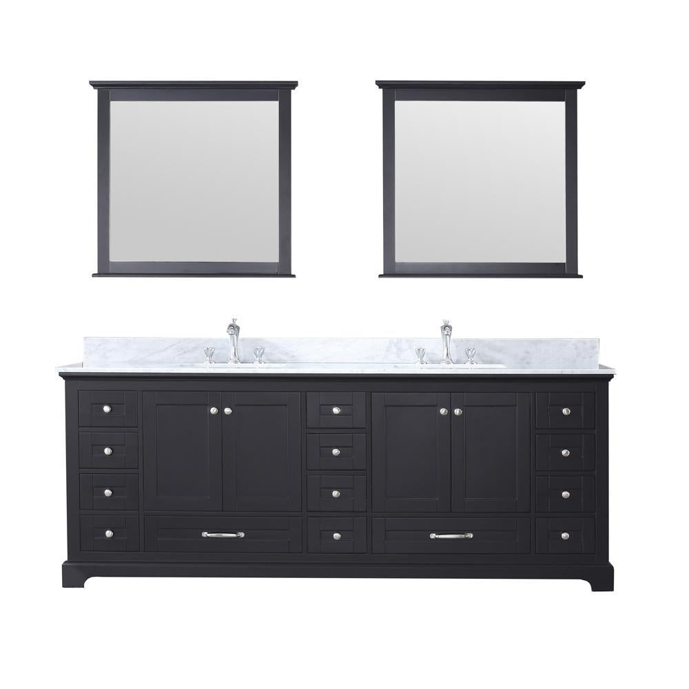 84" Espresso Double Vanity, White Carrara Marble Top, Square Sinks, 34" Mirrors