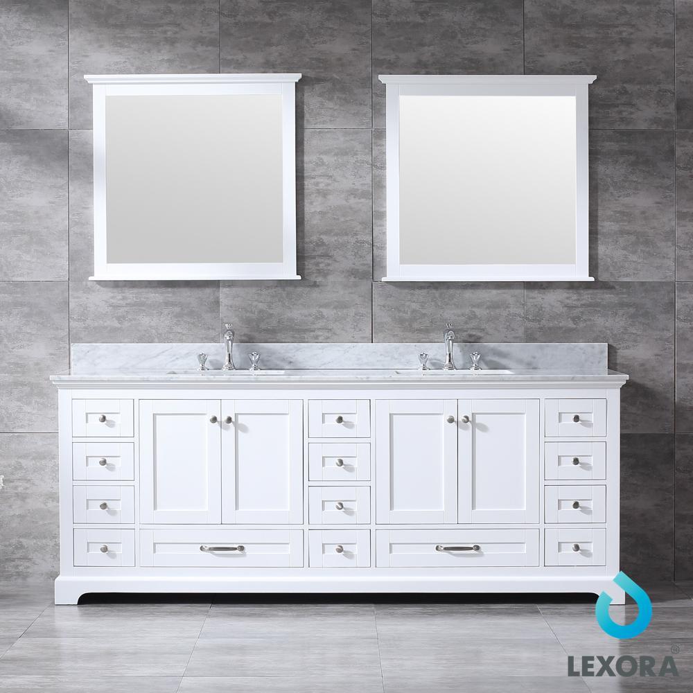 84" White Double Vanity, White Carrara Marble Top, Square Sinks, 34" Mirrors