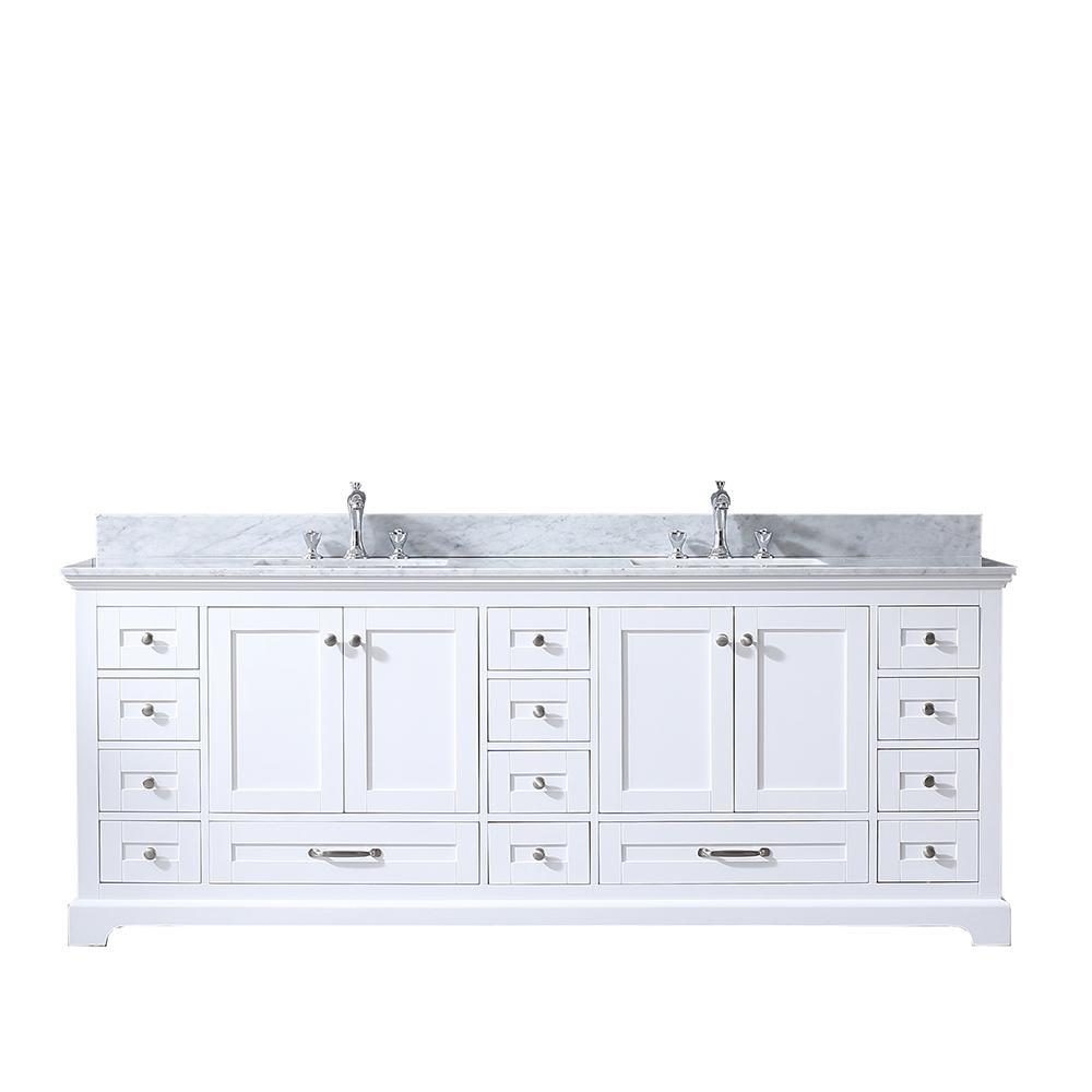 84" White Double Vanity, White Carrara Marble Top, Square Sinks, no Mirror