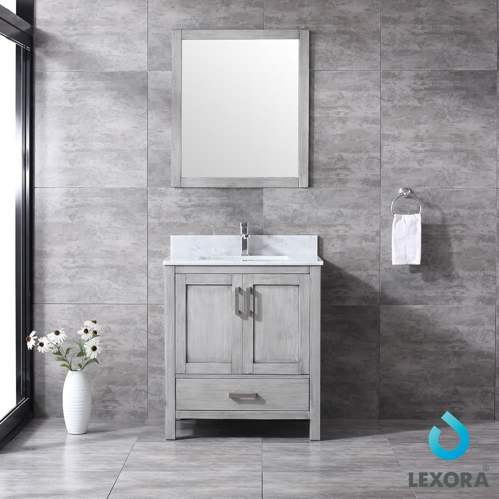30" Grey Single Vanity, White Carrara Marble Top, Square Sink, 28" Mirror