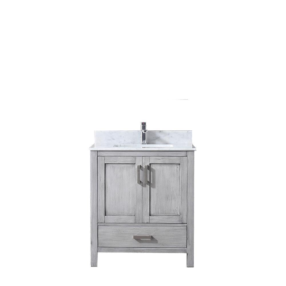 30" Grey Single Vanity, White Carrara Marble Top, Square Sink, no Mirror