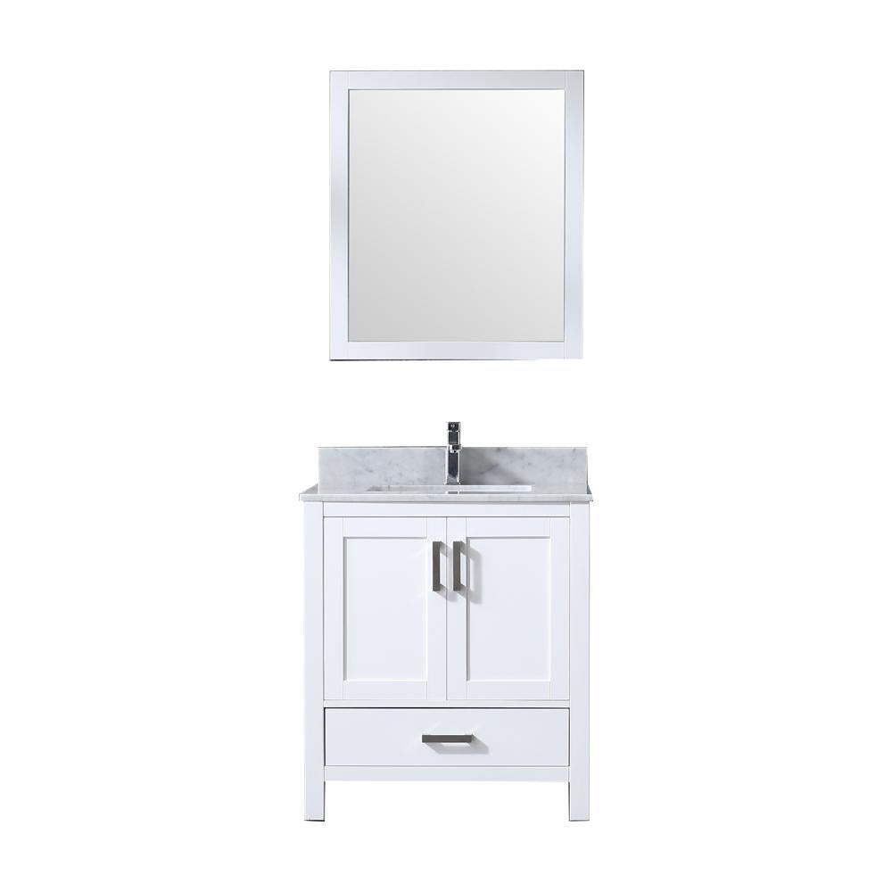 30" White Single Vanity, White Carrara Marble Top, Square Sink, 28" Mirror