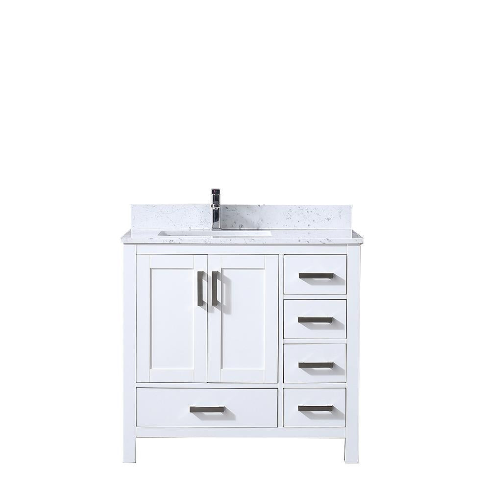 36" White Single Vanity, White Carrara Marble Top, Square Sink, no Mirror