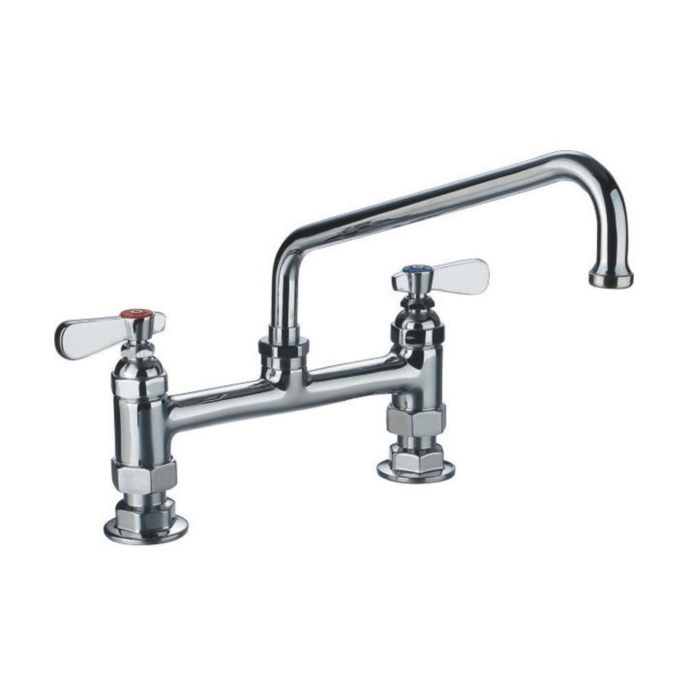 heavy duty utility bridge faucet with an extended swivel spout and lever handles