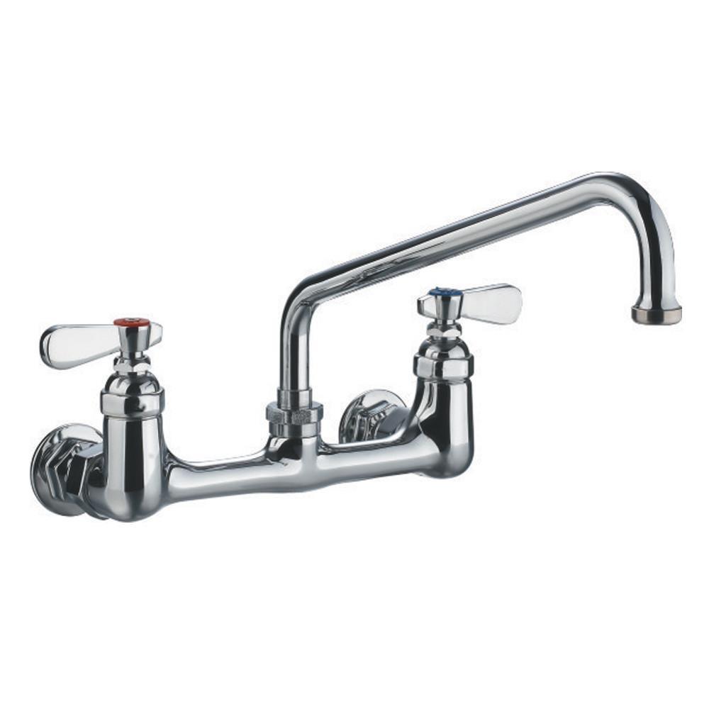 heavy duty wall mount utility faucet with an extended swivel spout and lever handles