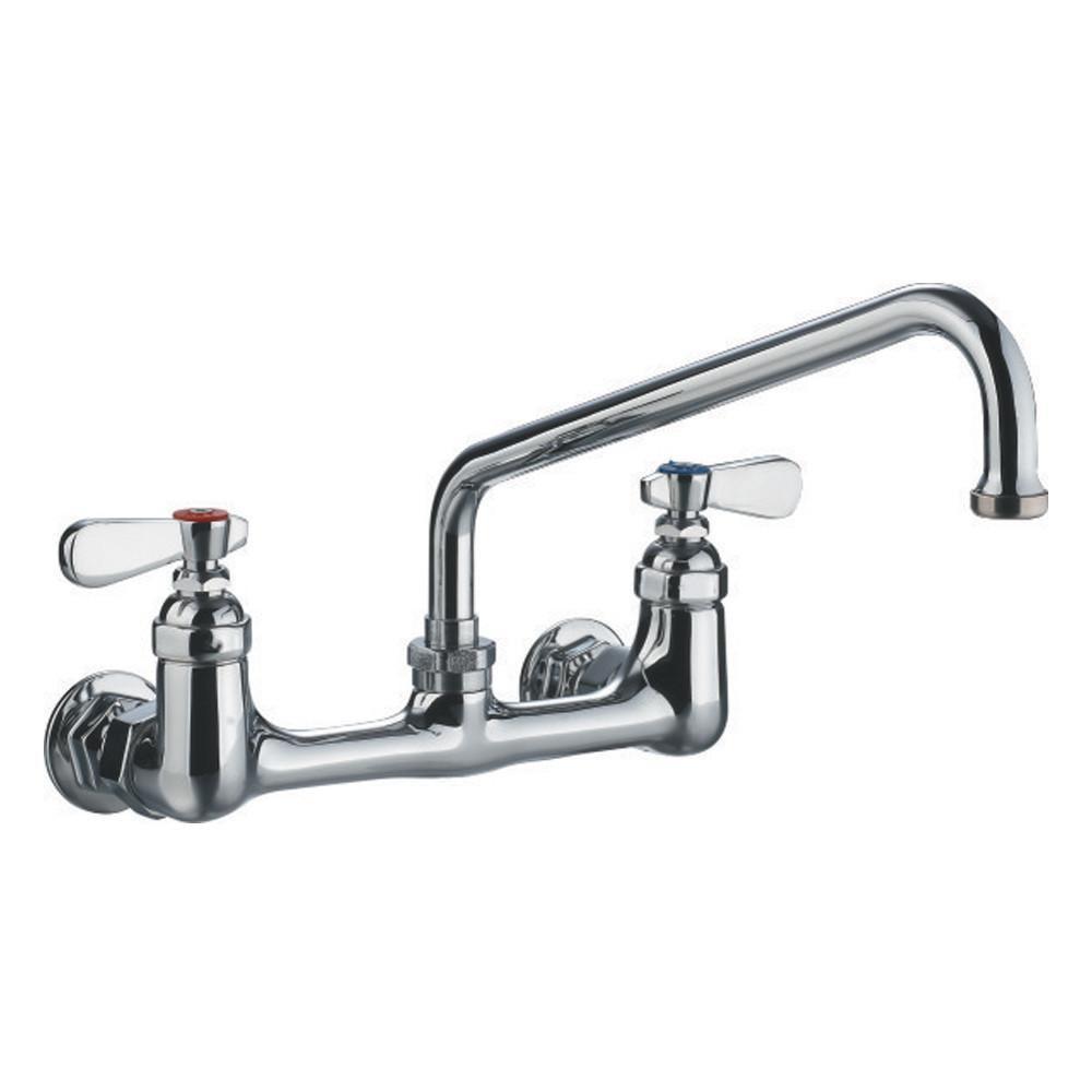 heavy duty wall mount utility faucet with an extended swivel spout and lever handles