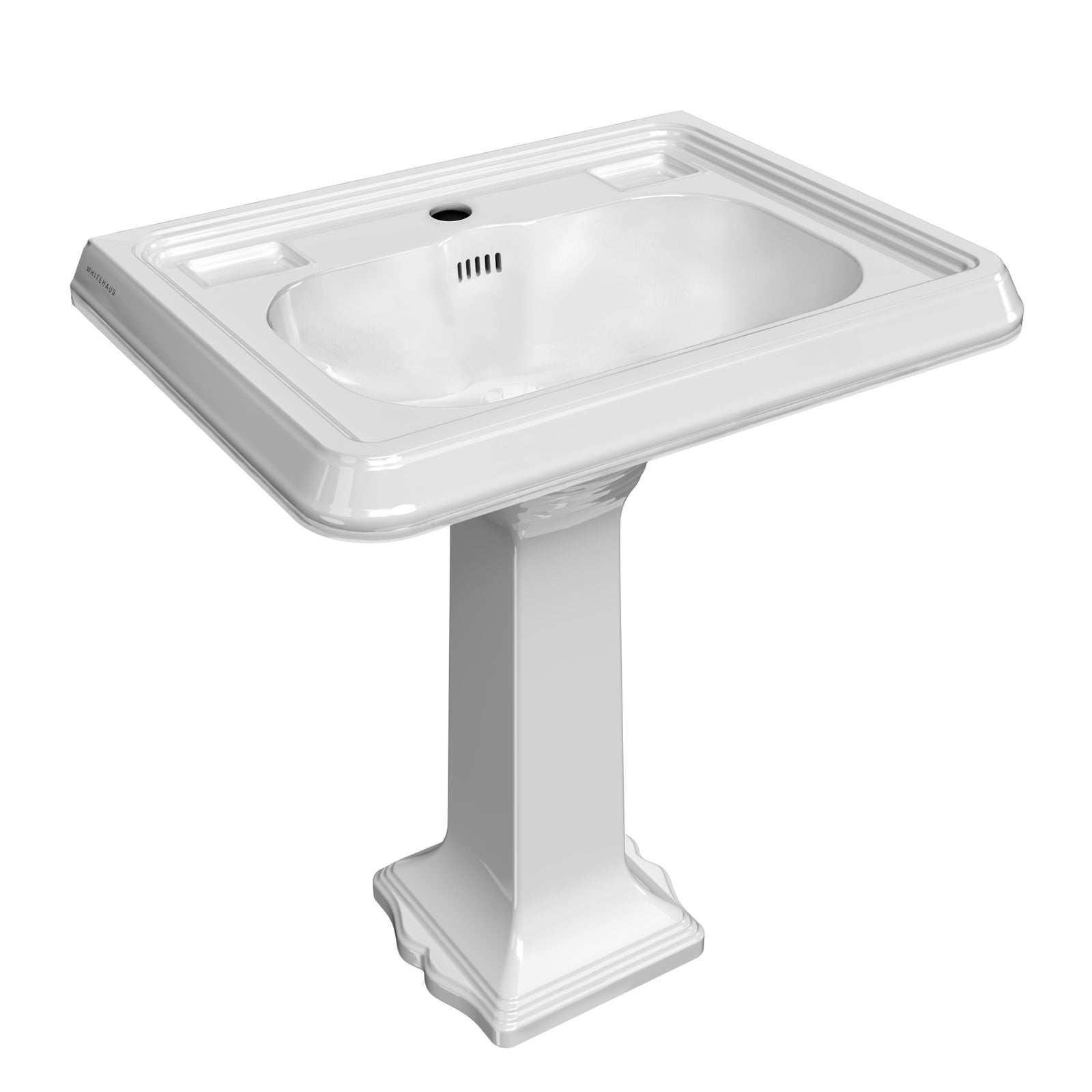 29" Traditional Pedestal Sink with Large Rectangular Bowl, Single Faucet Drilling, Dual Soap Ledges, Overflow Control Rim and Overflow
