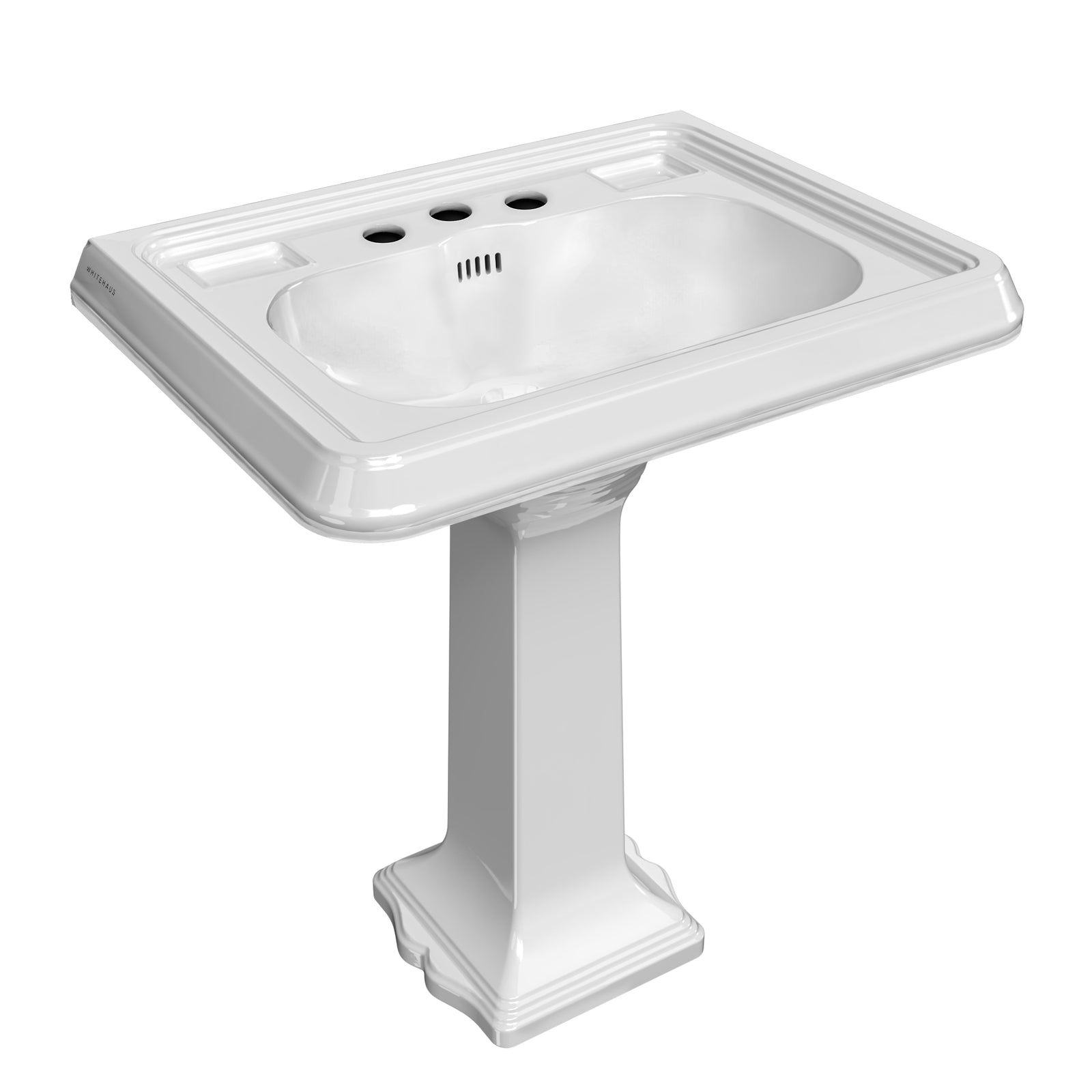 29" Traditional Pedestal Sink with an Integrated Large Rectangular Bowl, Widespread Faucet Drilling, Dual Soap Ledges, Decorative Trim and Overflow