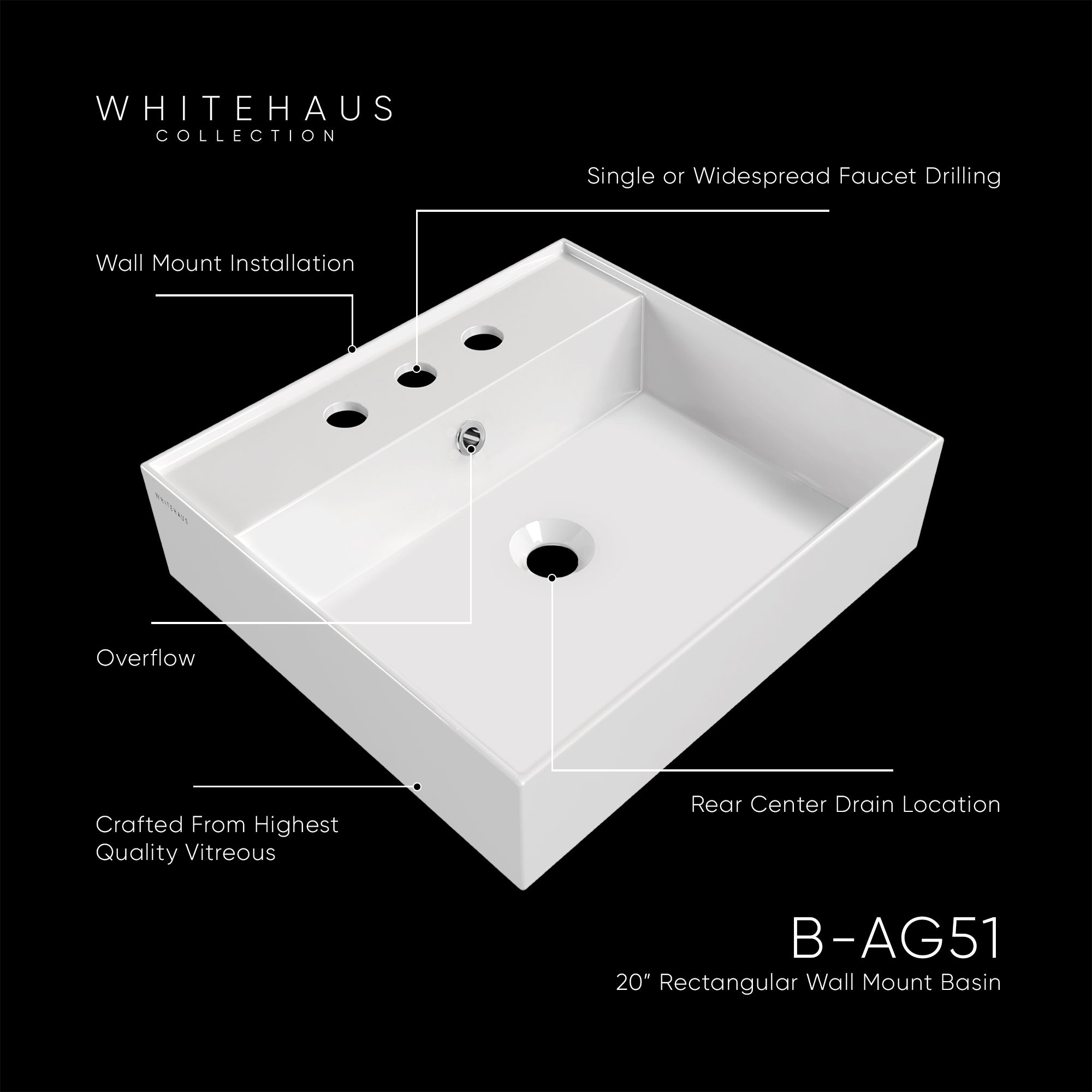 20&quot; Rectangular Wall Mount Basin with Single Faucet Drilling and Overflow