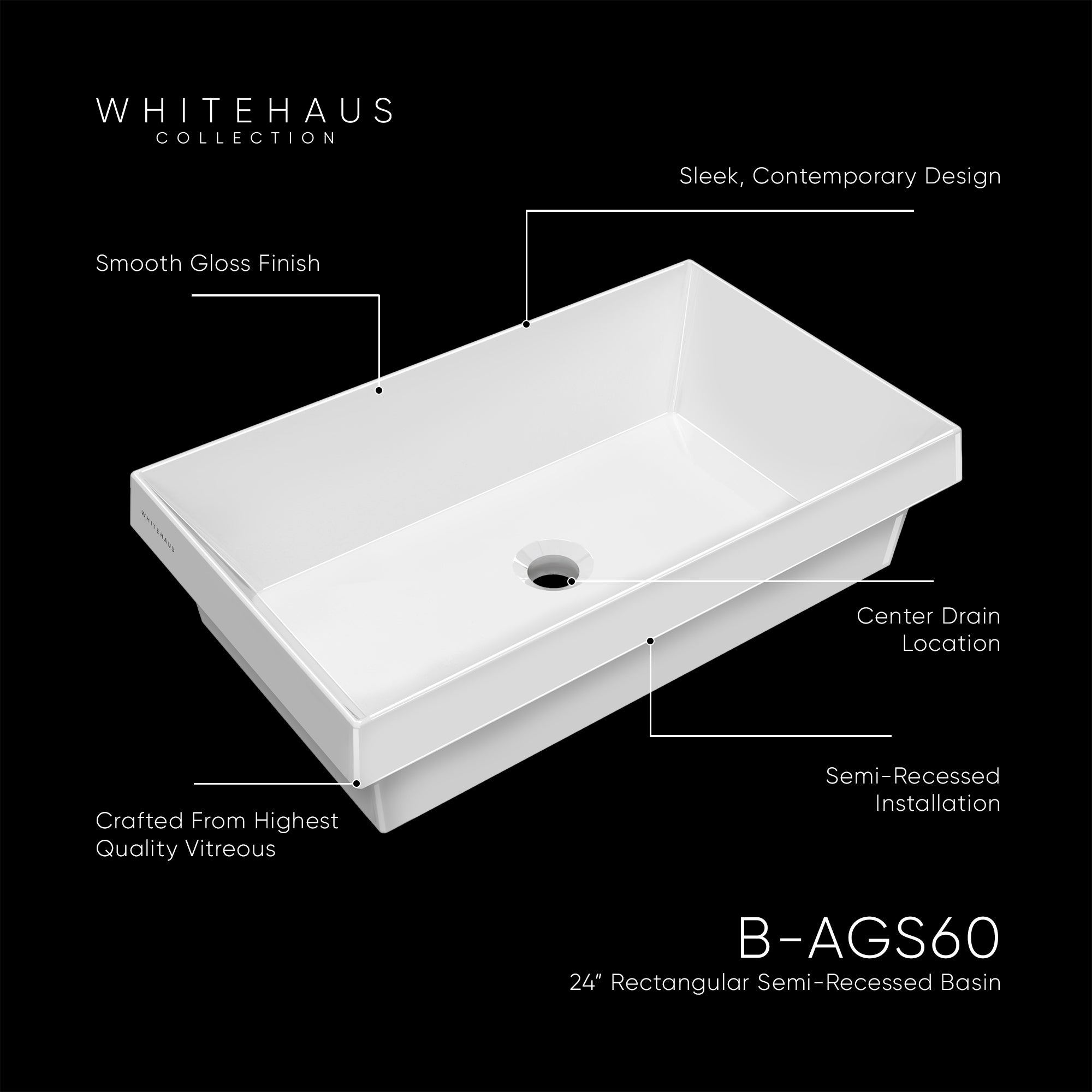 24&quot; Rectangular Semi-Recessed Basin with Center Drain Location