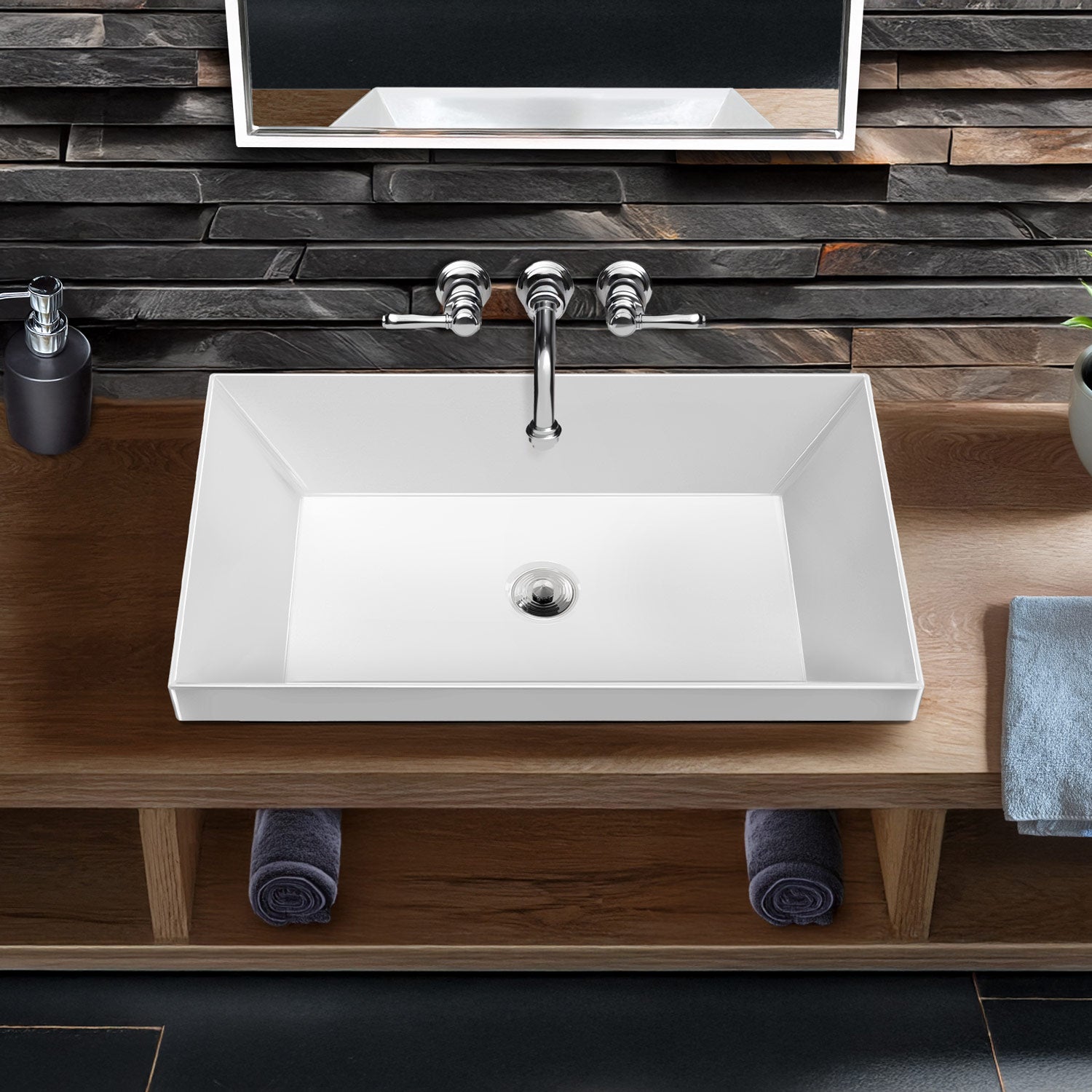 24&quot; Rectangular Semi-Recessed Basin with Center Drain Location