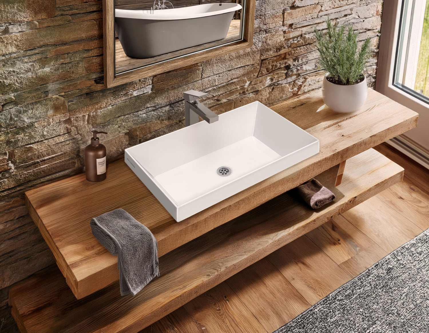 24&quot; Rectangular Semi-Recessed Basin with Center Drain Location