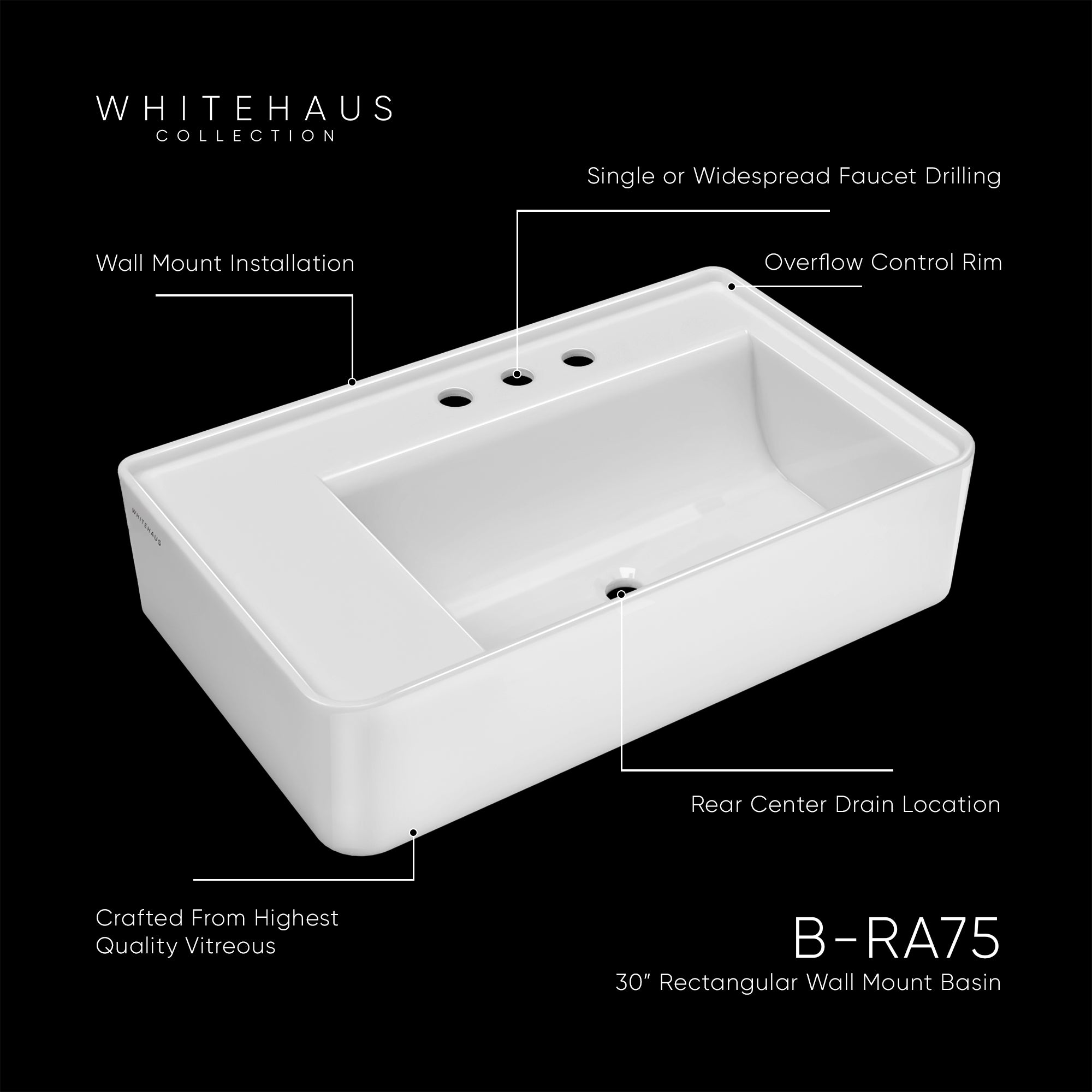 30&quot; Rectangular Wall Mount Basin with Single Faucet Drilling and Rear Center Drain Location