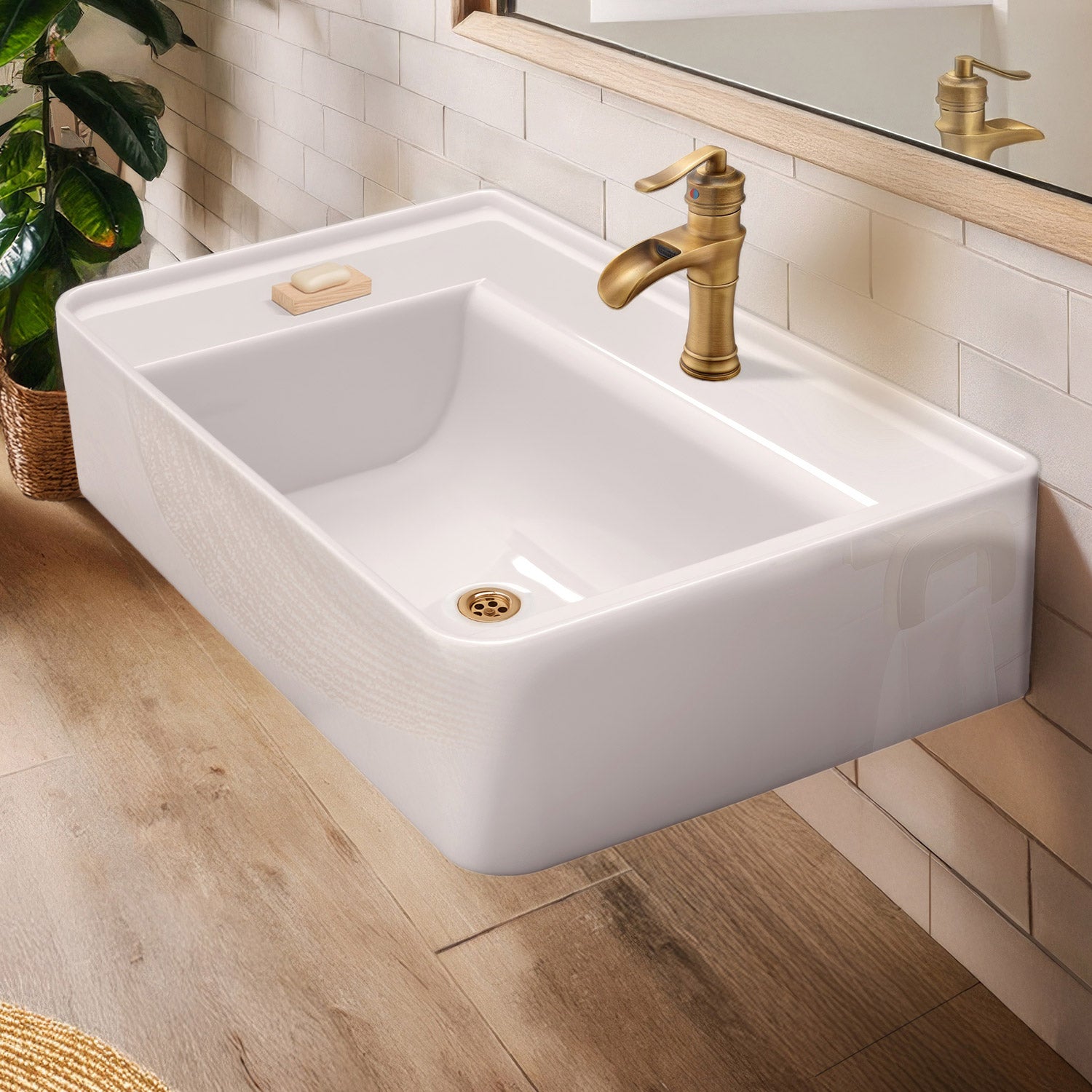 30&quot; Rectangular Wall Mount Basin with Single Faucet Drilling and Rear Center Drain Location