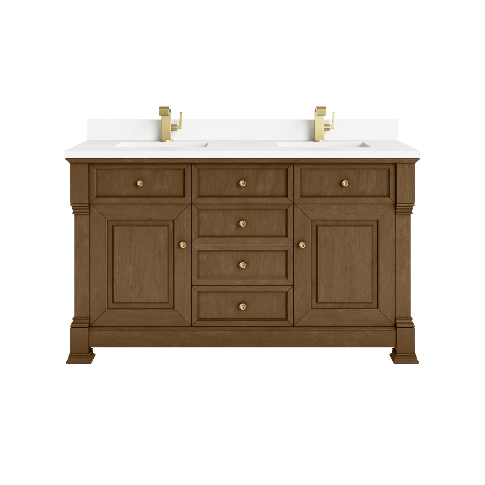 Brookfield 60" Double Vanity, Honey Oak w/ Single Hole 3 CM White Zeus Silestone® Top & Backsplash