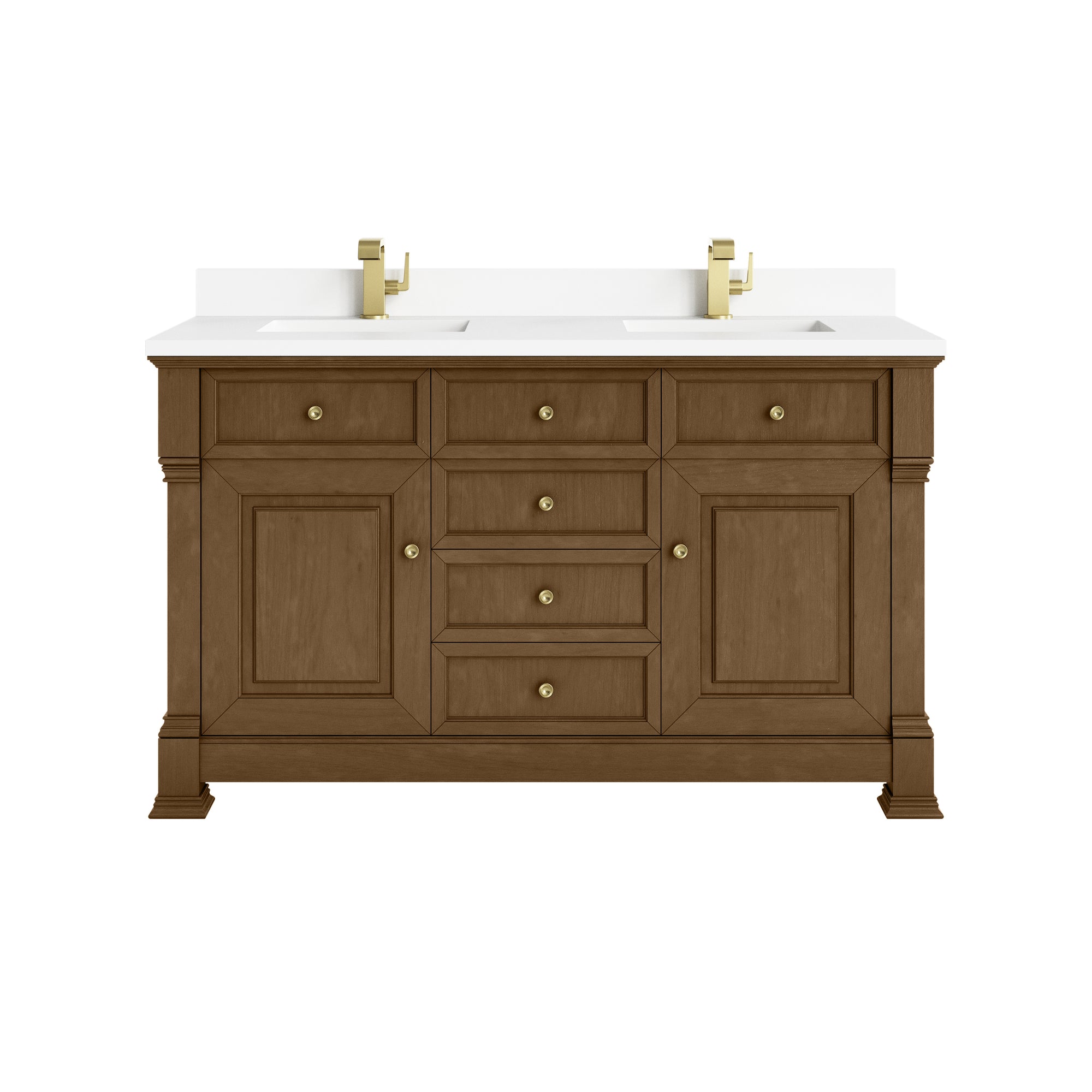 Brookfield 60" Double Vanity, Honey Oak w/ Single Hole 3 CM White Zeus Silestone® Top & Backsplash