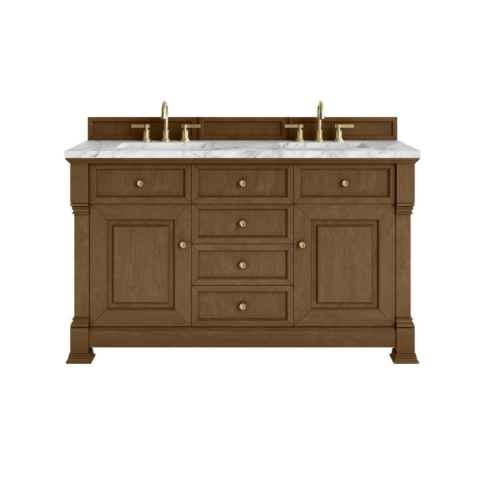 Brookfield 60" Double Vanity, Honey Oak w/3 CM Carrara White Marble Top