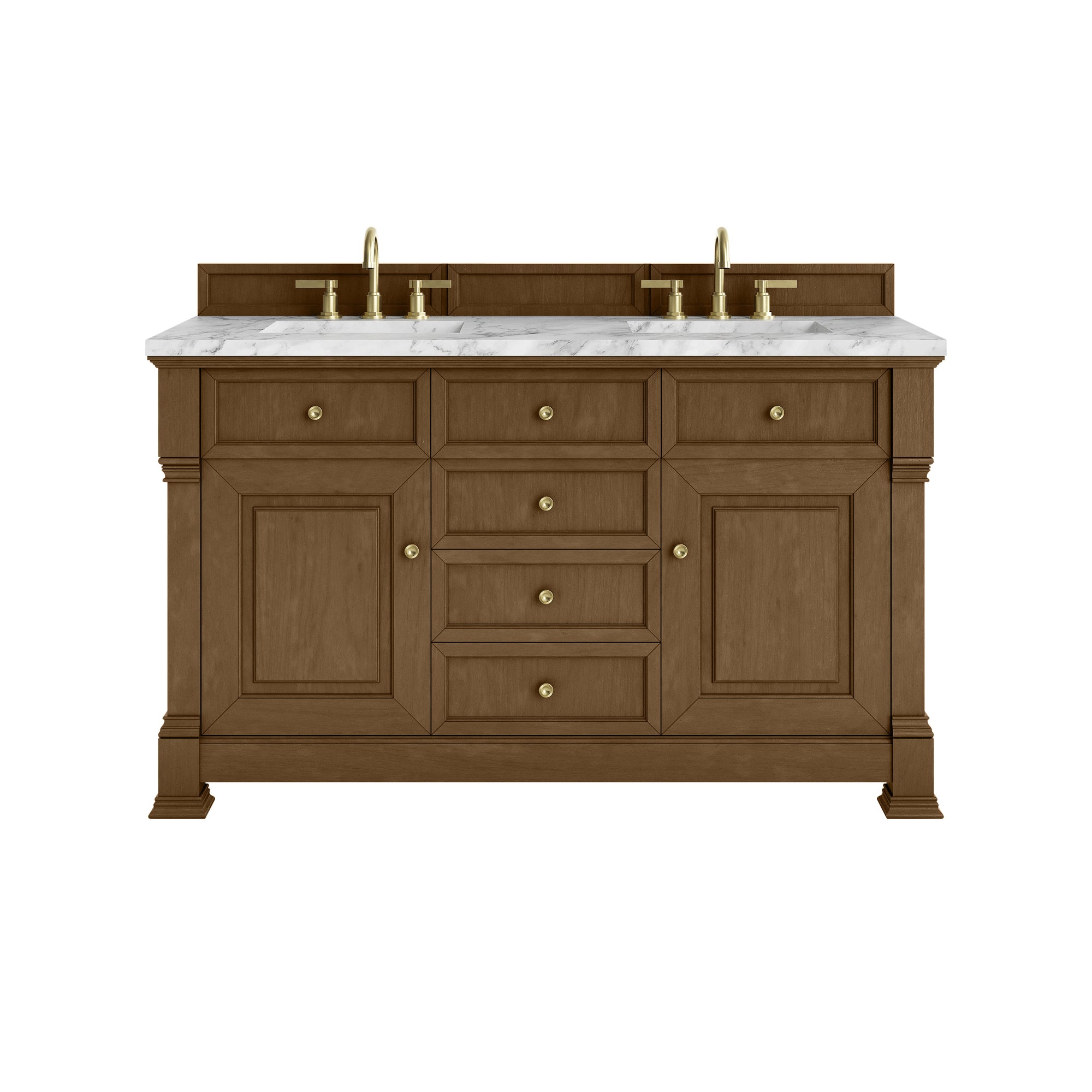 Brookfield 60" Double Vanity, Honey Oak w/3 CM Carrara White Marble Top