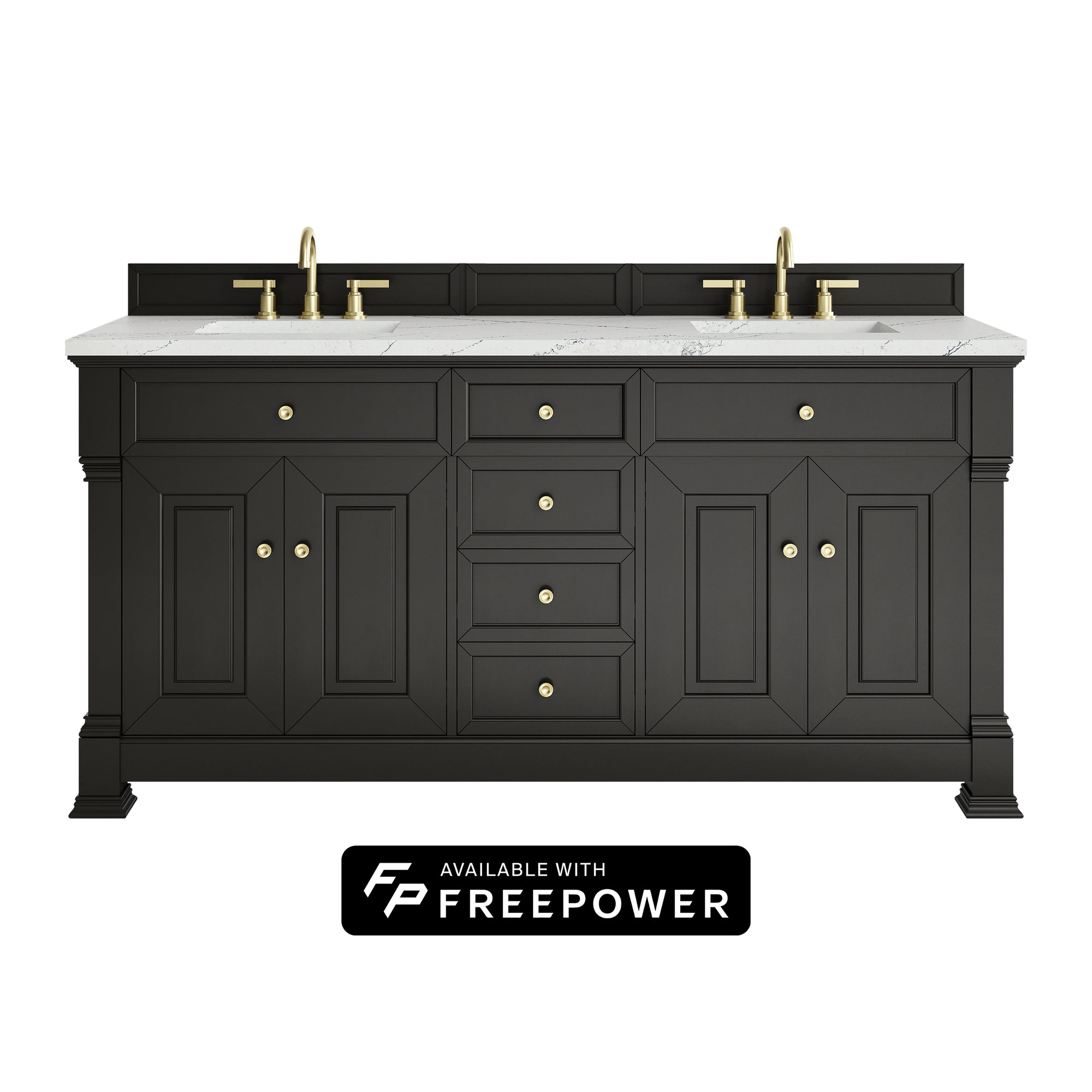 Brookfield 72" Double Vanity, Black Onyx w/ 3 CM Ethereal Noctis Silestone Top w/ FreePower Wireless Charger