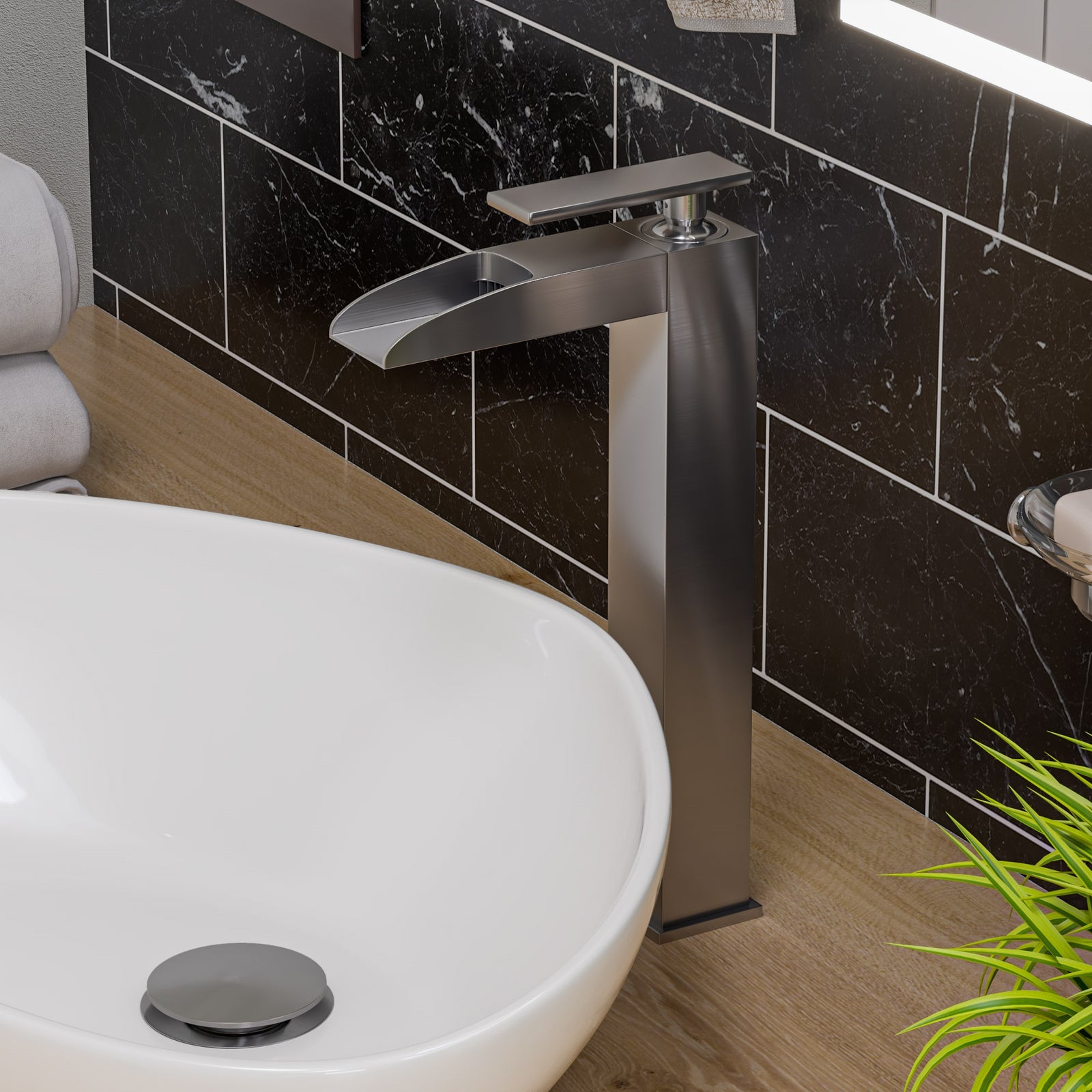 Brushed Nickel Single Hole Tall Waterfall Bathroom Faucet