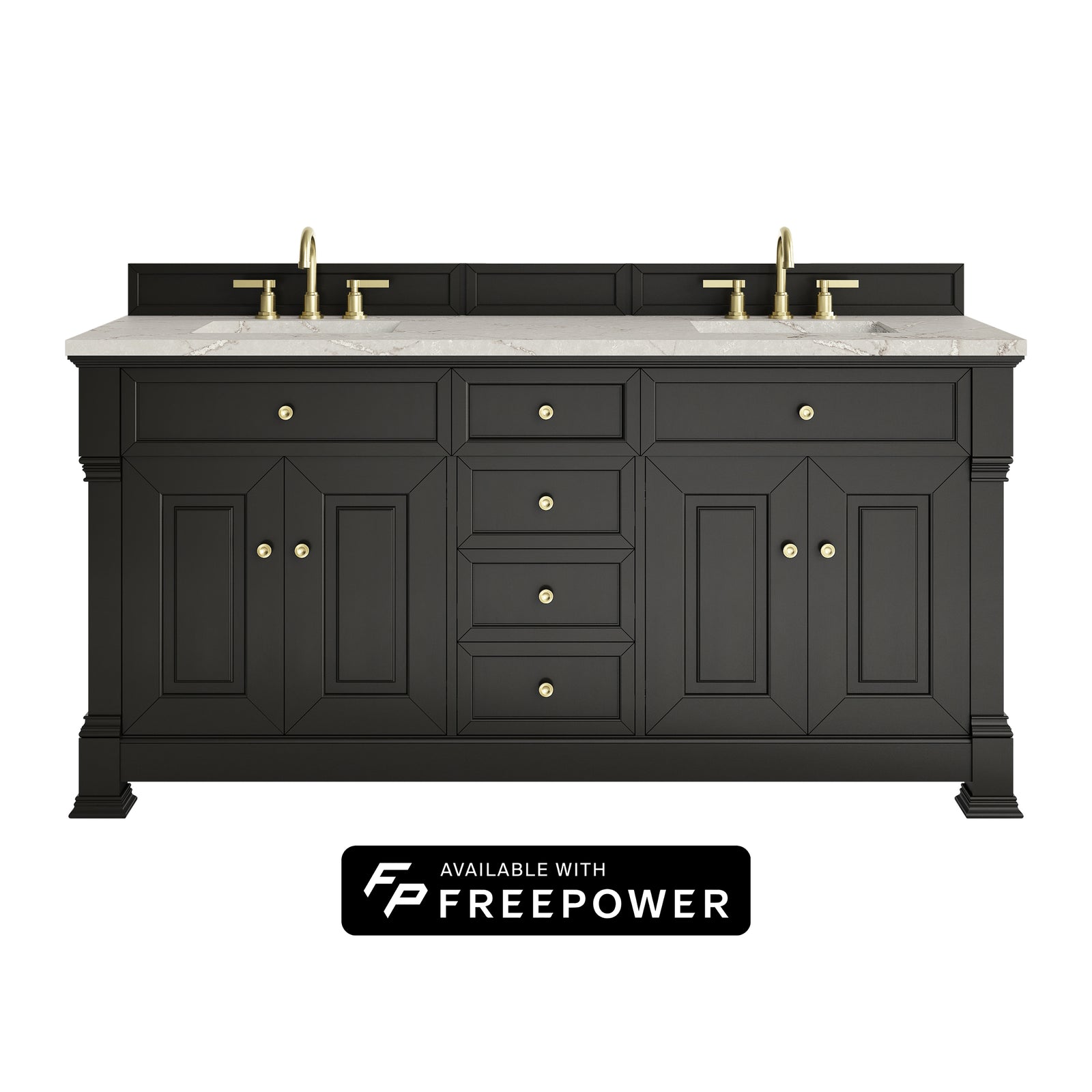 Brookfield 72" Double Vanity, Black Onyx w/ 3 CM Victorian Silver Silestone Top w/ FreePower Wireless Charger