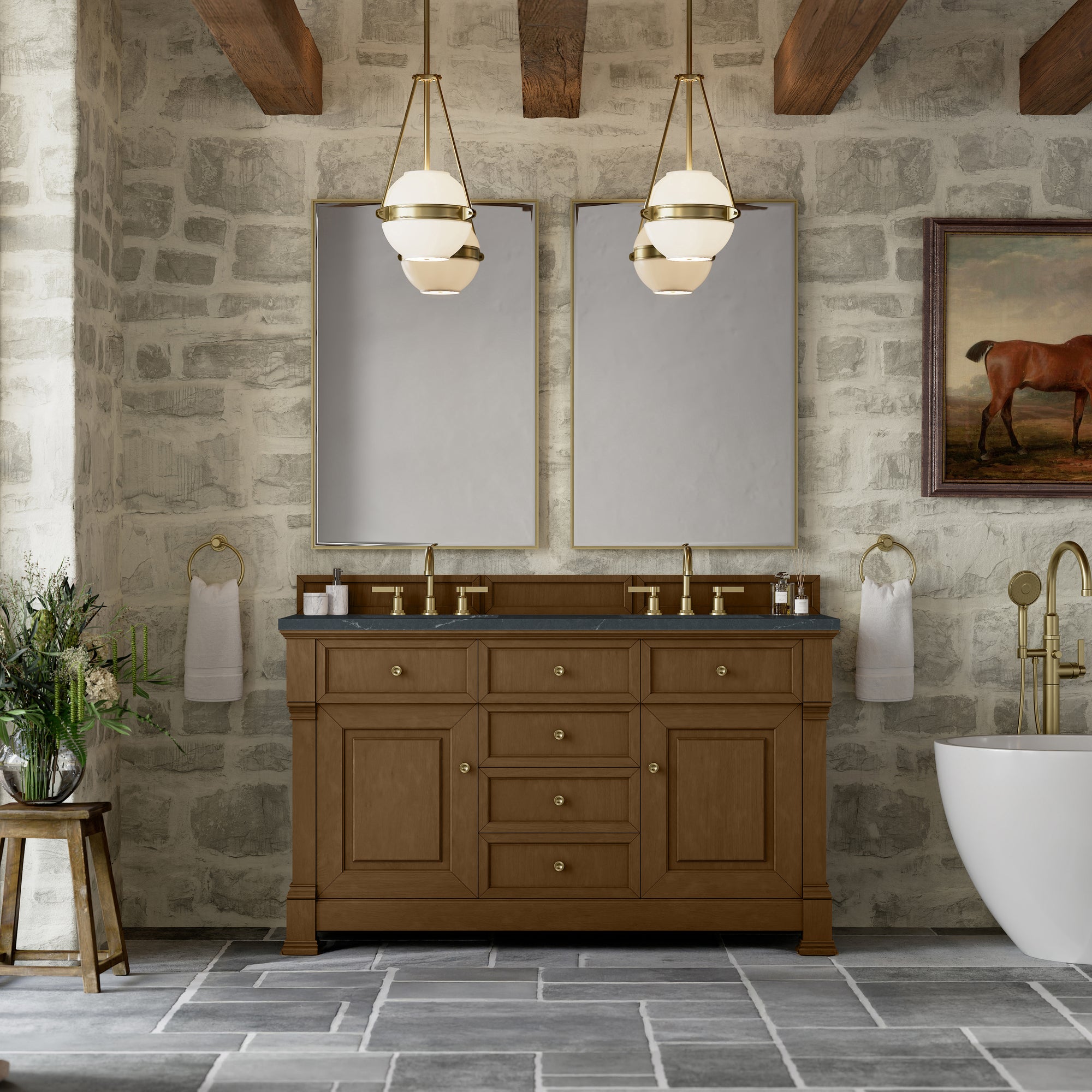 Brookfield 60&quot; Double Vanity, Honey Oak w/3 CM Charcoal Soapstone Silestone® Top