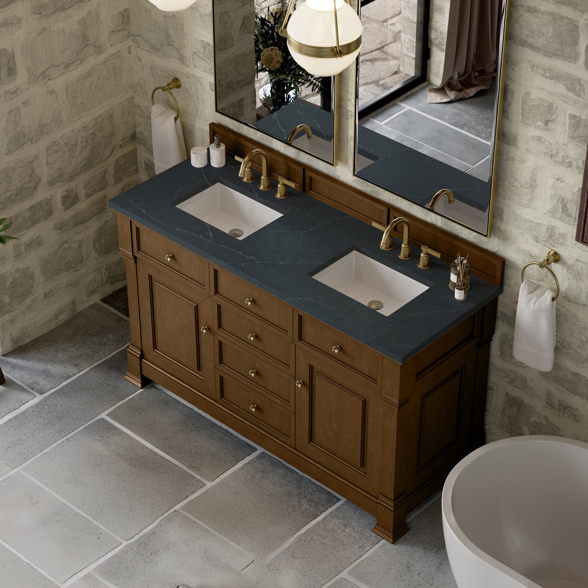 Brookfield 60&quot; Double Vanity, Honey Oak w/3 CM Charcoal Soapstone Silestone® Top