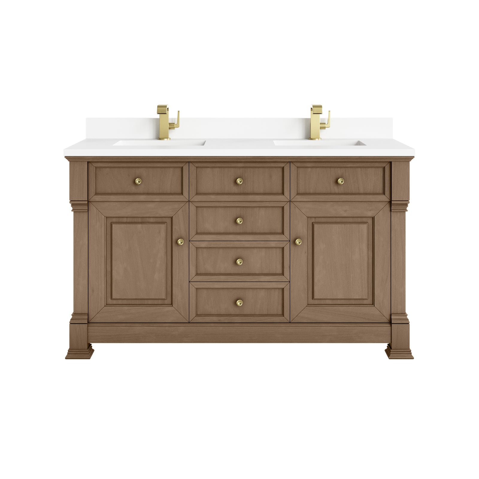 Brookfield 60" Double Vanity, Pecan w/ Single Hole 3CM White Zeus Silestone® Top & Backsplash