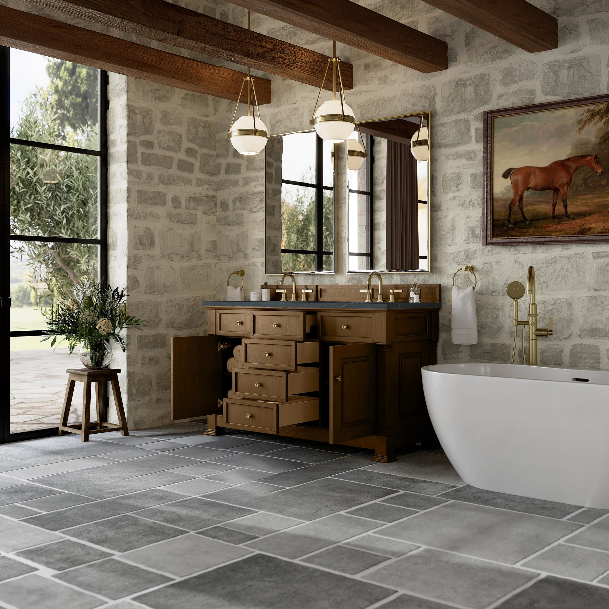 Brookfield 60&quot; Double Vanity, Honey Oak w/3 CM Charcoal Soapstone Silestone® Top