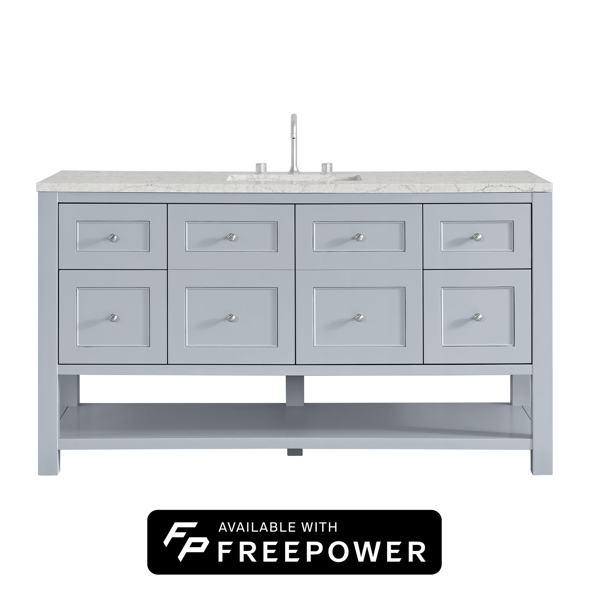 Breckenridge 60" Single Vanity, Serenity Blue, w/ 3 CM Eternal Jasmine Pearl Silestone Top w/ FreePower Wireless Charger