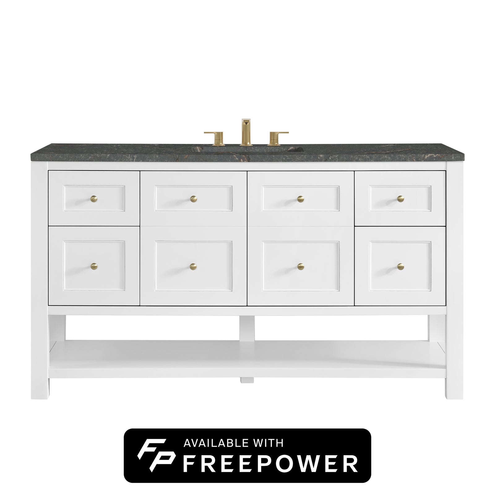 Breckenridge 60" Single Vanity Cabinet, Bright White w/ 3 CM Parisien Bleu Top w/ FreePower Wireless Charger