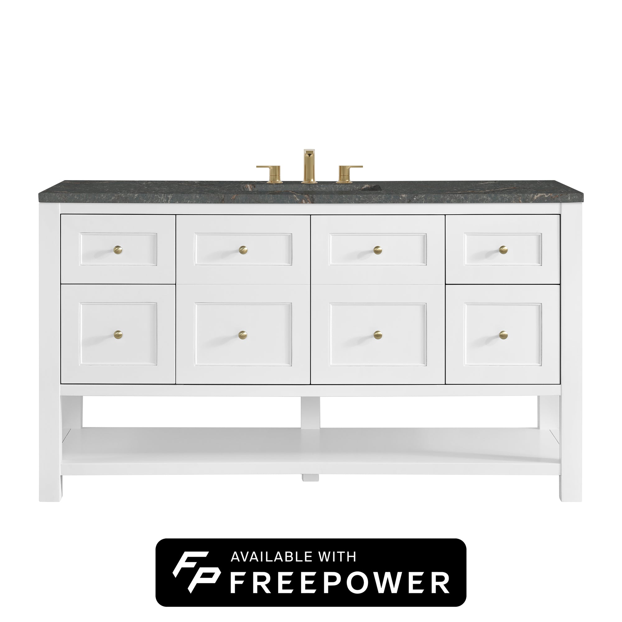 Breckenridge 60" Single Vanity Cabinet, Bright White w/ 3 CM Parisien Bleu Top w/ FreePower Wireless Charger