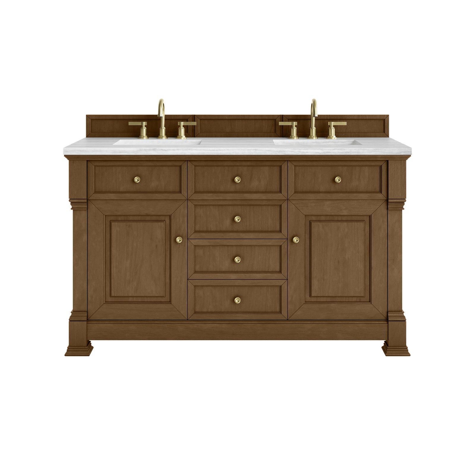 Brookfield 60" Double Vanity, Honey Oak w/ 3 CM Arctic Fall Solid Surface Top
