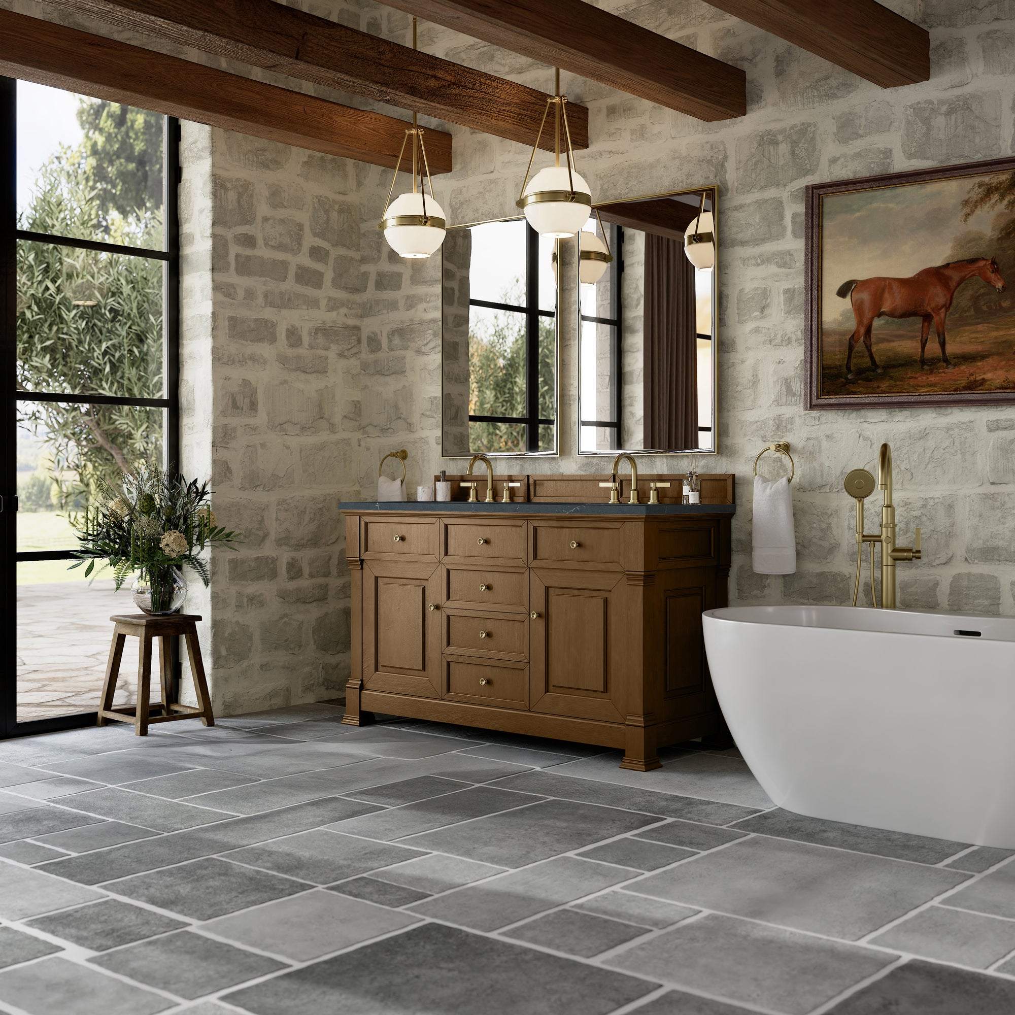 Brookfield 60&quot; Double Vanity, Honey Oak w/3 CM Charcoal Soapstone Silestone® Top