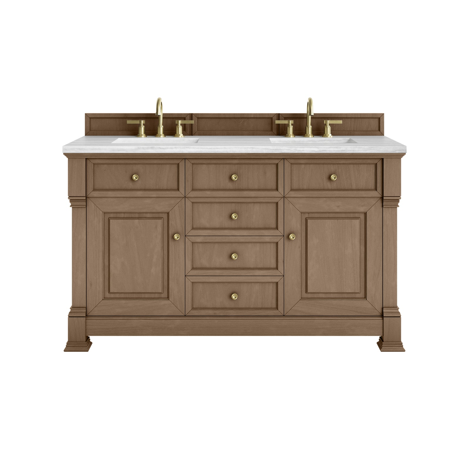 Brookfield 60" Double Vanity, Pecan w/ 3 CM Arctic Fall Solid Surface Top