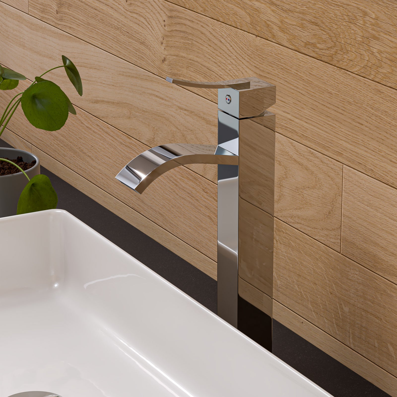 Tall Polished Chrome Tall Square Body Curved Spout Single Lever Bathroom Faucet