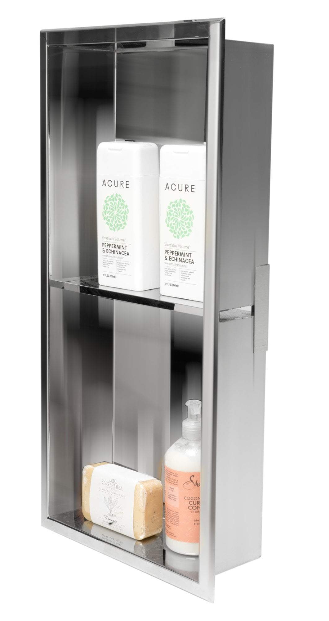ALFI brand 12 x 24 Polished Stainless Steel Vertical Double Shelf Bath Shower Niche