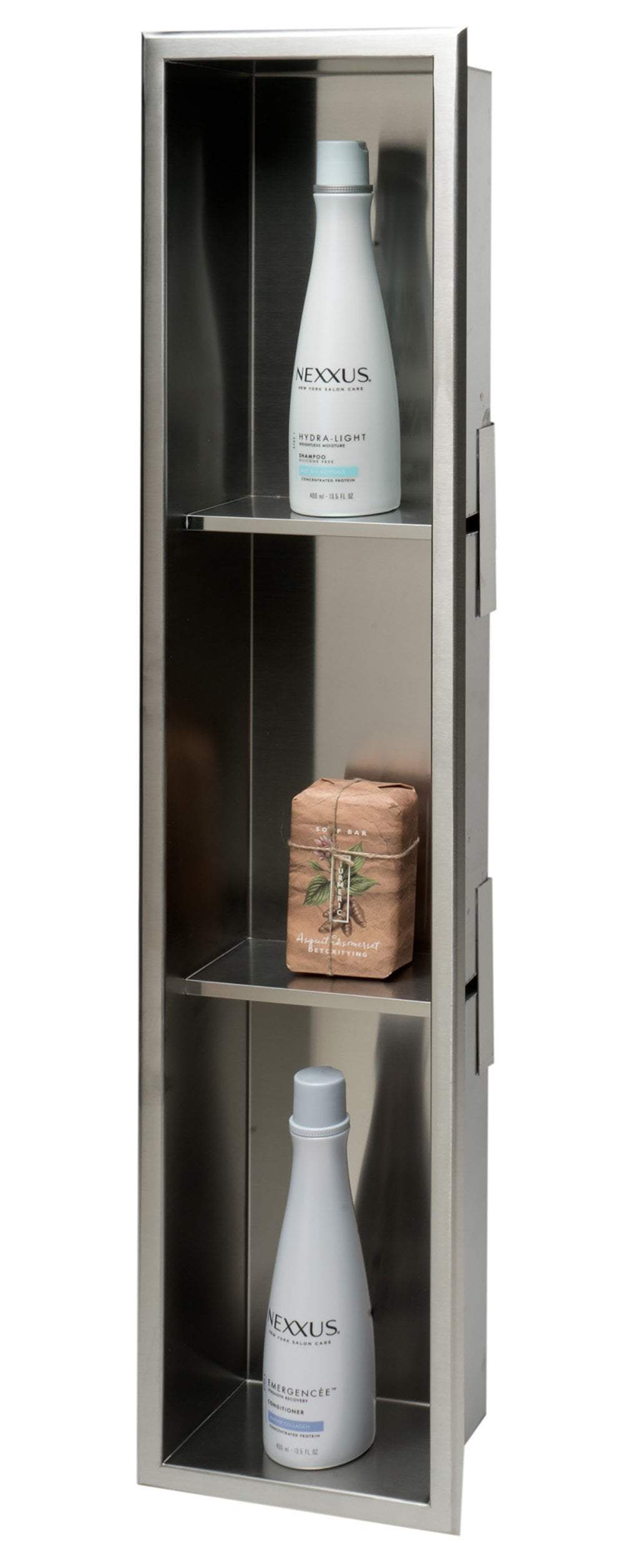 ALFI brand 8 x 36 Brushed Stainless Steel Vertical Triple Shelf Bath Shower Niche