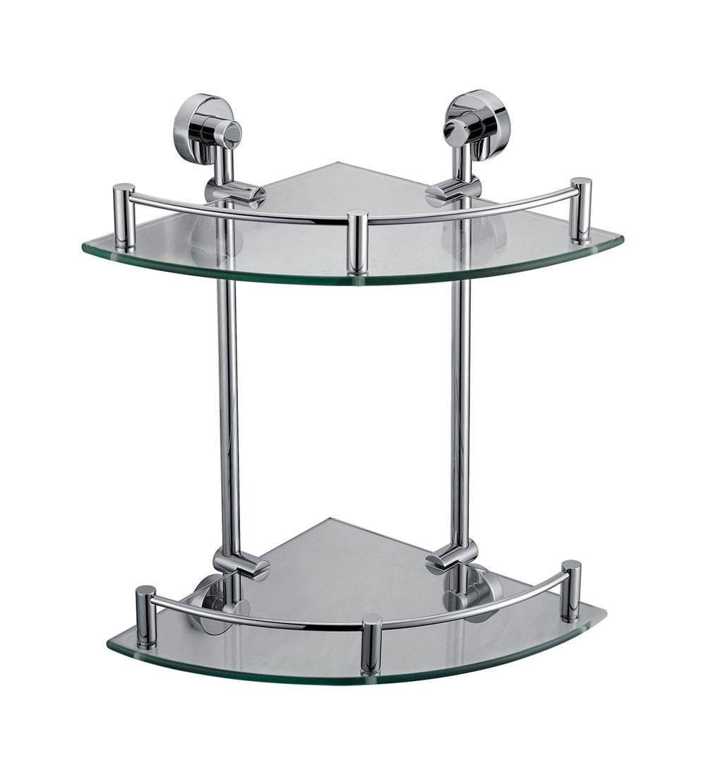 Polished Chrome Corner Mounted Double Glass Shower Shelf Bathroom Accessory