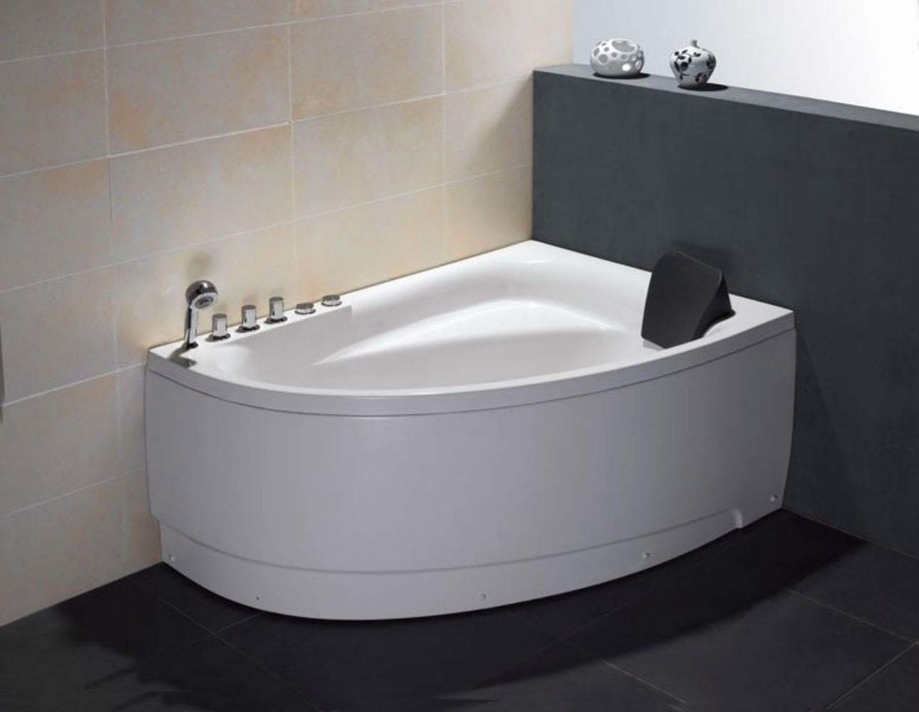 5' Single Person Corner White Acrylic Whirlpool Bath Tub - Drain on Left