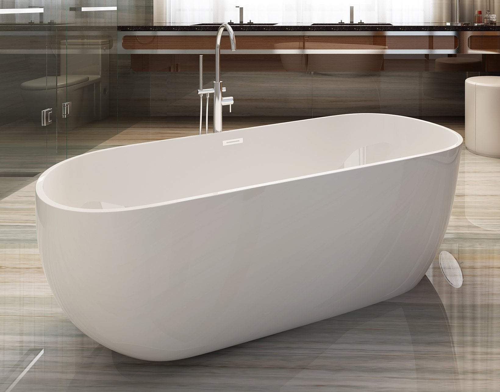 59 inch White Oval Acrylic Free Standing Soaking Bathtub