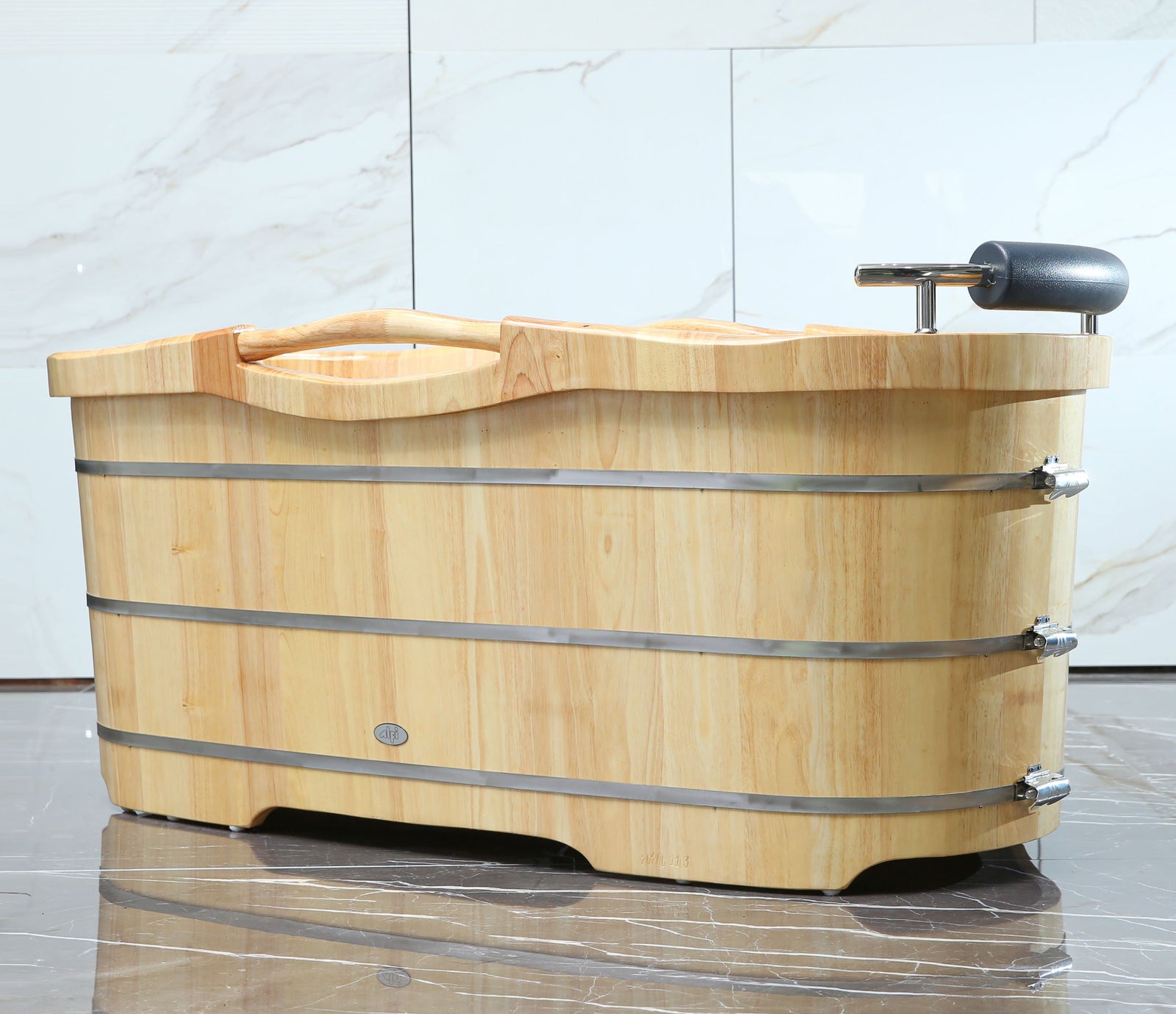 ALFI 61" Free Standing Oak Wood Bath with Cushion Headrest